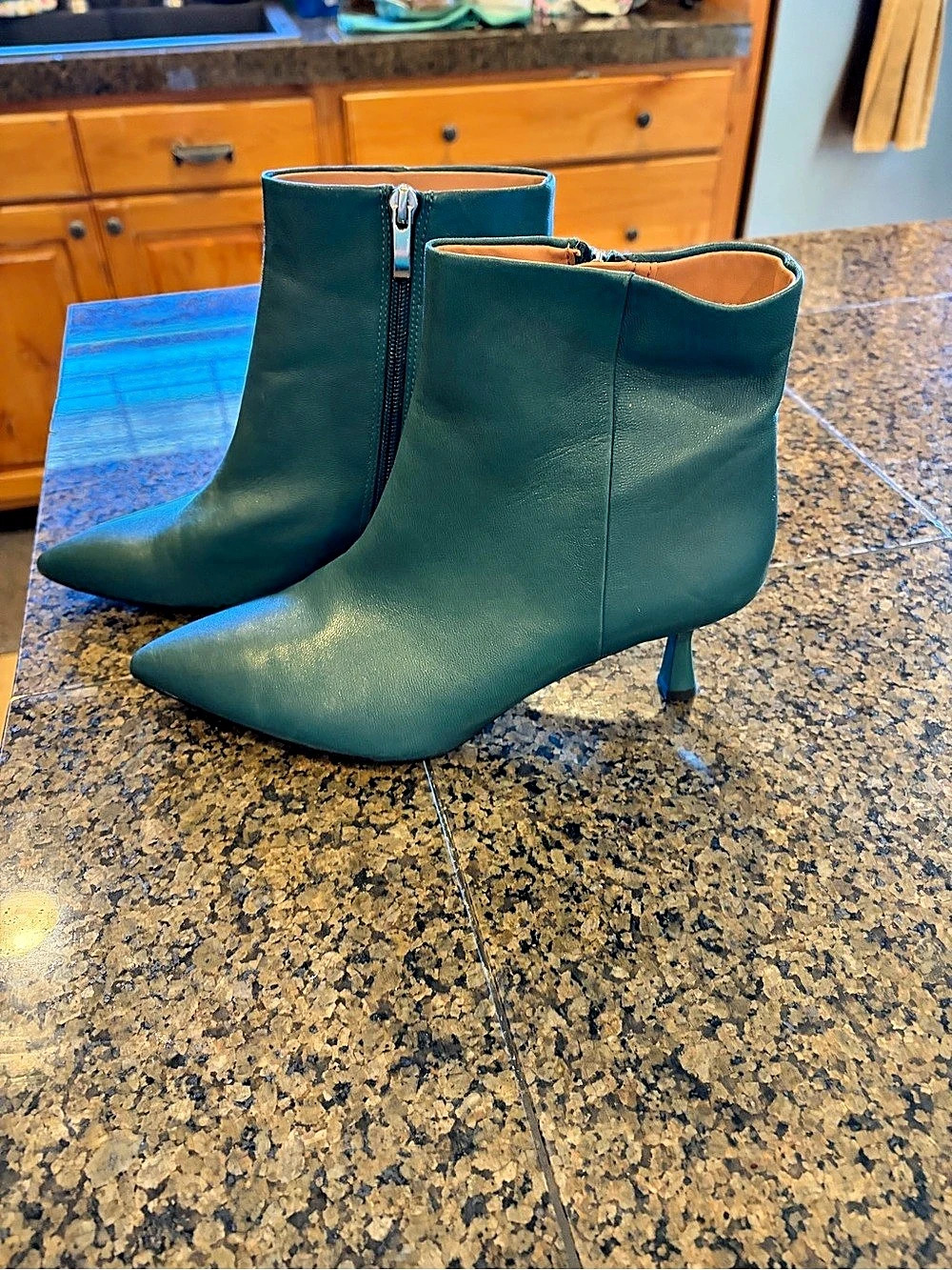 Nordstrom Nodamara-Lea Pointed Toe Leather Heeled Boots in Teal US 8M Like New